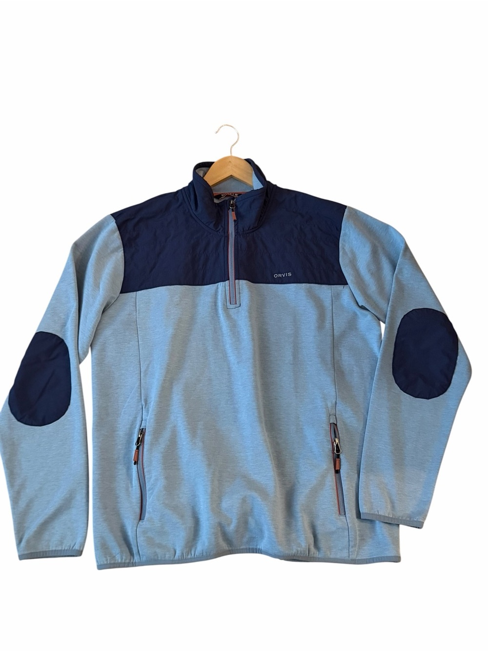 Orvis Blue Color-block Quarter-Zip Pullover Jacket Size Large Elbow Patches